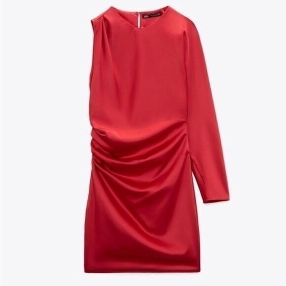 NWT ZARA ASYMMETRIC SATIN EFFECT DRESS RED - Picture 13 of 13